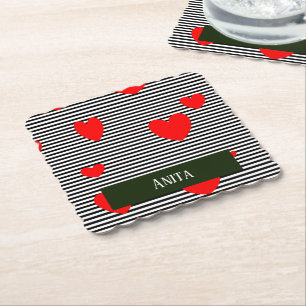 Personalisierte rote Herzen und Streifen Untersetzer