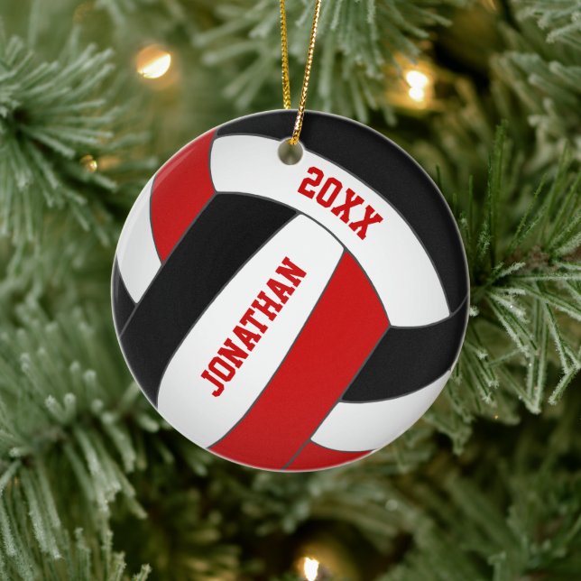 personalisierte rote Mannschaft spielt Volleyball Keramik Ornament (Baum)
