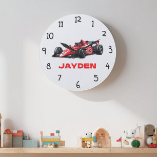 Personalisierte rote Rennwagen-Wanduhr für Jungen Große Wanduhr