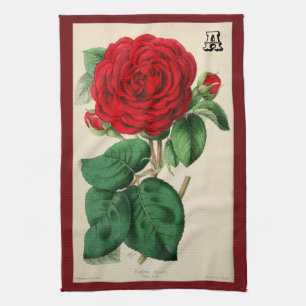Personalisierte rote Rose Blüten-Vintage-Kunst Geschirrtuch