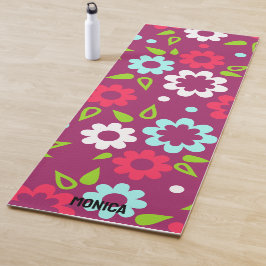 Personalisierte rote weiße bunte Blumenmuster-Name Yogamatte