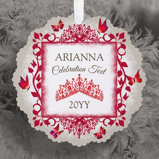 Personalisierte Rubinrote Tiara & Schmetterlinge Ornament Karte (red tiara and butterflies christmas tree ornament with custom message, personalized paper ornament)