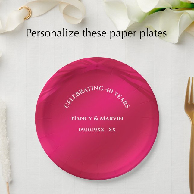 Personalisierte Ruby 40. Hochzeitstag-Party Pappteller (Personalize these beautiful ruby red pink 40th wedding anniversary party paper plates.
)