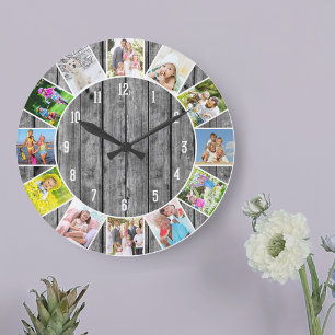 Personalisierte runde Holzcollage mit 12 Fotos in Große Wanduhr