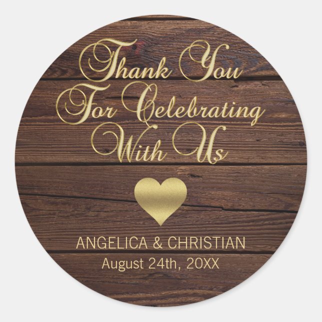 Personalisierte RUSTIC Wood Gold Heart Wedding Runder Aufkleber (Vorderseite)