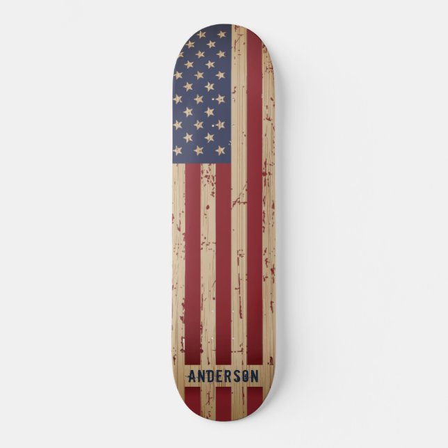 Personalisierte Rustikale Holzflagge Patriotische  Skateboard (Vorderseite)