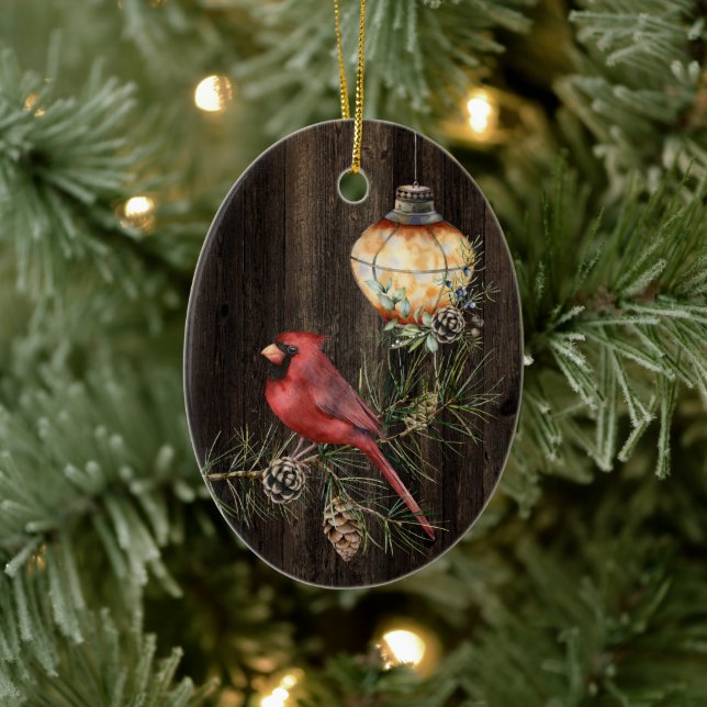 Personalisierte rustikale Laterne und Redbird Weih Keramik Ornament (Baum)