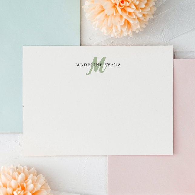 Personalisierte Salbeigrüne Monogramm-Name Mitteilungskarte (Von Creator hochgeladen)