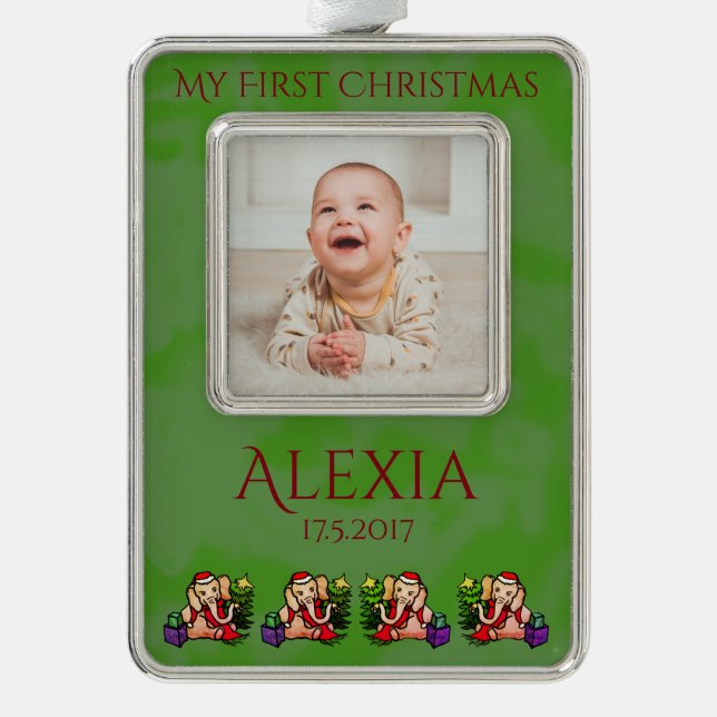 Personalisierte Sankt-Elefanten Babys erstes Rahmen-Ornament Silber (Vorderseite)