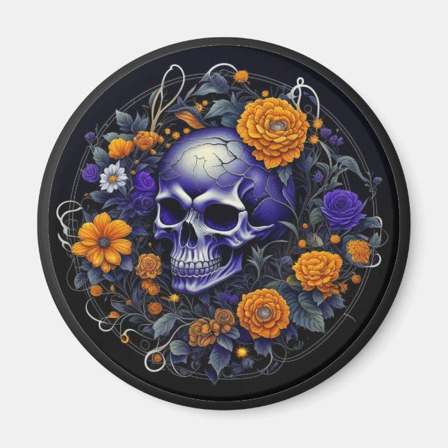 Personalisierte Schädel- und Orangefarbene Blume K Magnet (Vorne)