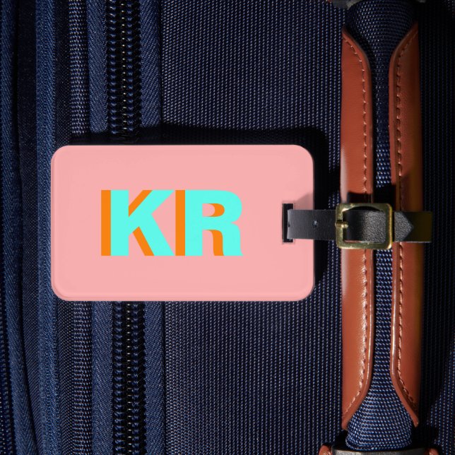 Personalisierte Schattenmonogramm-Pfirsich blau Gepäckanhänger (Vorderseite Insitu 4)