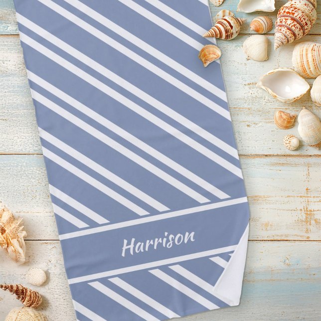 Personalisierte Schieferblau und weiße Streifen Strandtuch (Von Creator hochgeladen)
