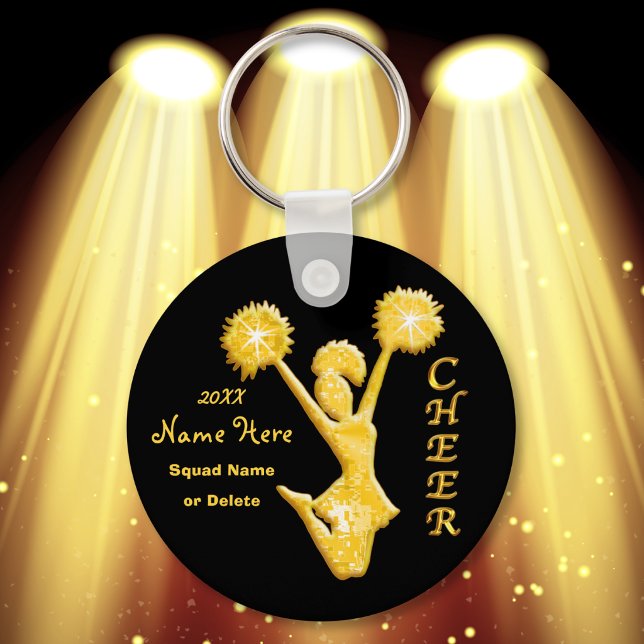 Personalisierte Schlüsselanhänger mit NAME und JAH (Cheer gift ideas for squad. Cute, black and gold, cheerleading keychains or cheer pom pom keychain. )