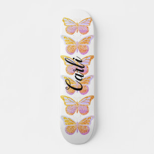 Personalisierte Schmetterlinge aus lila Gold Glitz Skateboard