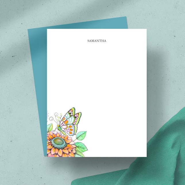 Personalisierte Schmetterlinge und Blumengeschirr Mitteilungskarte (Personalized butterfly note card watercolor art by Victoria Grigaliunas of Do Tell A Belle)