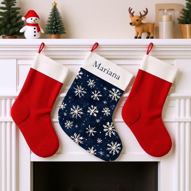 Personalisierte Schneeflocke Großer Weihnachtsstrumpf (Personalized Navy Blue and white Snowflake Large Christmas Stocking)