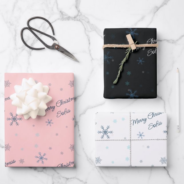 Personalisierte Schneeflocken Frohe Weihnachtsname Geschenkpapier Set (Vorderseite)