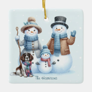 Personalisierte Schneemann-Familie und Hund-Orname Keramikornament