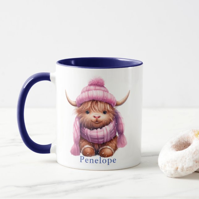 Personalisierte Schneewiedergabe Höhere Kuh Rosa/B Tasse (Mit Donut)