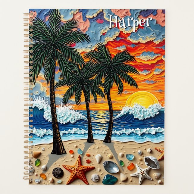 Personalisierte schöne Strandszene mit Palmen Planer (Vorderseite)