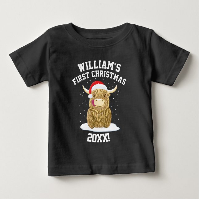Personalisierte schottische Highland Cow Erste Wei Baby T-shirt (Vorderseite)