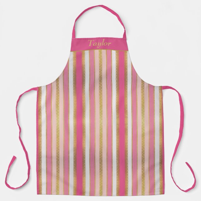 Personalisierte Schürze in Rosa und Goldstreifen (Vorderseite)