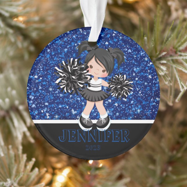 Personalisierte Schwarz & Blau-Cheerleader-Ornamen Ornament (Baum)