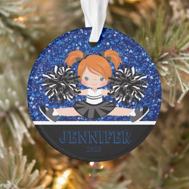 Personalisierte Schwarz & Blau-Cheerleader-Ornamen Ornament (Baum)