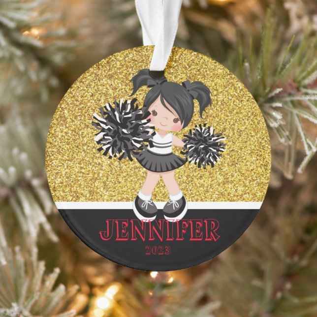 Personalisierte Schwarz & Gold-Cheerleader-Ornamen Ornament (Baum)