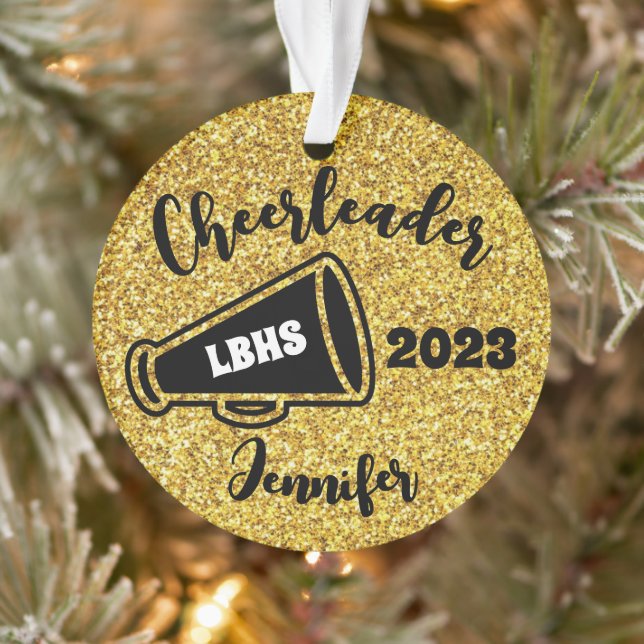 Personalisierte Schwarz & Gold-Cheerleader-Ornamen Ornament (Baum)