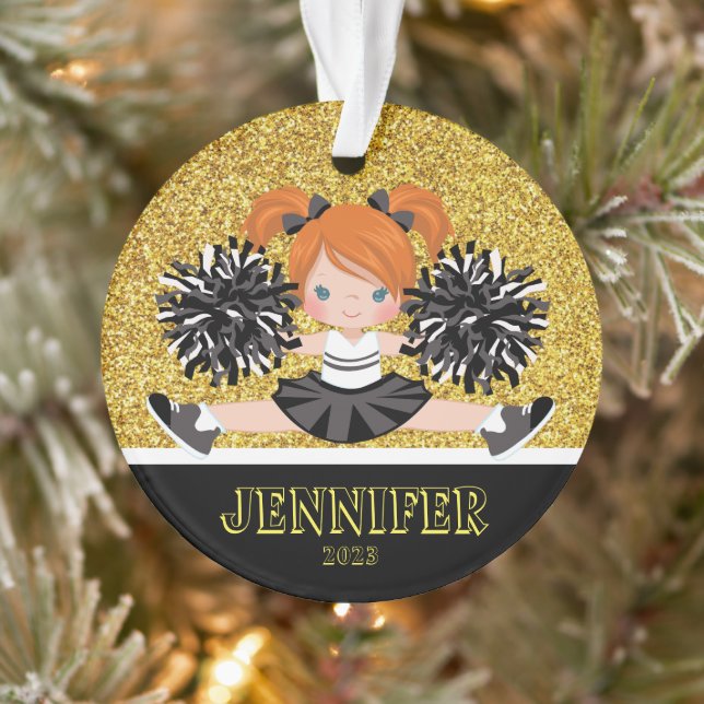 Personalisierte Schwarz & Gold-Cheerleader-Ornamen Ornament (Baum)