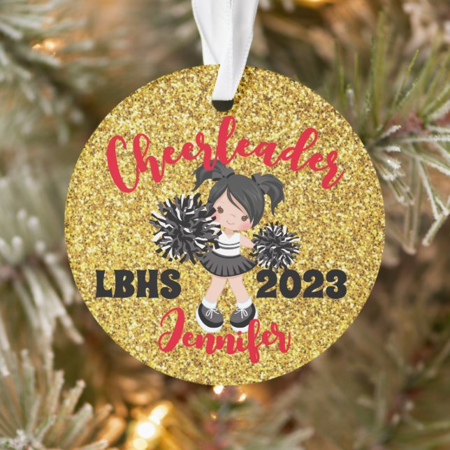 Personalisierte Schwarz & Gold-Cheerleader-Ornamen Ornament (Baum)