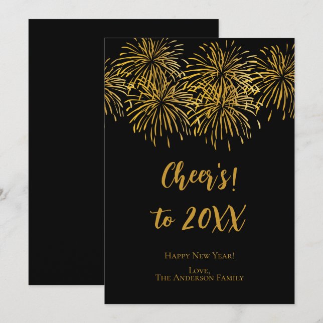 Personalisierte Schwarz-Gold-Feuerwerke - Frohes N Ankündigung (Vorne/Hinten)