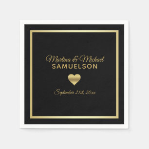 Personalisierte Schwarz-Gold-Herz-Rahmen-Hochzeit Serviette