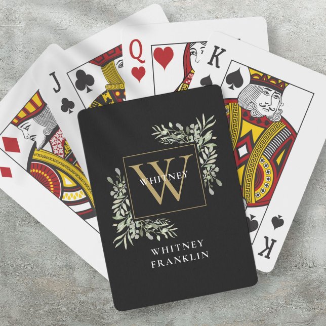 Personalisierte Schwarz-Gold-Monogram-Grüne Spielkarten (Personalized Black Gold Monogram Greenery Playing Cards)