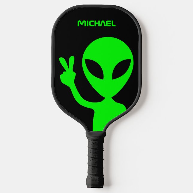 Personalisierte Schwarz-Grün-Alien Pickleball Schläger (Rückseite)