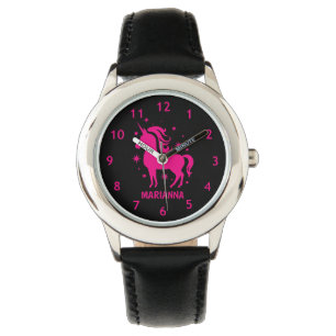 Personalisierte Schwarz-Pink-Girls Einhorn-Handgel Armbanduhr