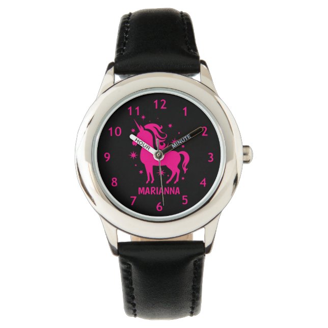 Personalisierte Schwarz-Pink-Girls Einhorn-Handgel Armbanduhr (Vorderseite)