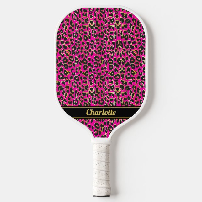 Personalisierte schwarz-rosa Leoparden Pickleball Schläger (Vorderseite)