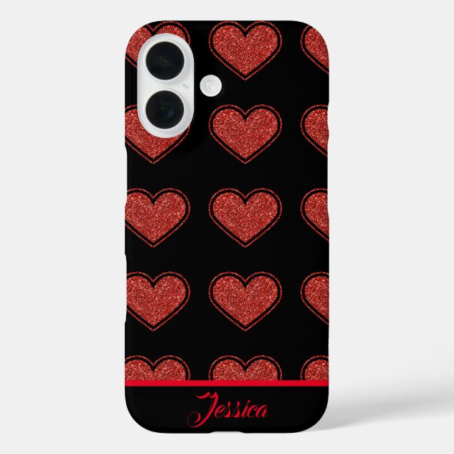 Personalisierte Schwarz-Rot-Glitzer-Herzen Case-Mate iPhone Hülle (Rückseite)