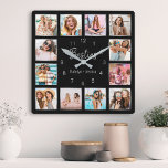 Personalisierte Schwarz-Silber-Freundschaft<br><div class="desc">Machen Sie diese trendige,  elegante Schwarz-Silber-Foto-Collage Wanduhr einzigartig mit 12 Ihrer Lieblings-Fotos mit Ihrem besten Freund(en). Das Design verfügt auch über ein modernes,  handgeschriebenes "Besties" Skript und Ihre Namen.</div>