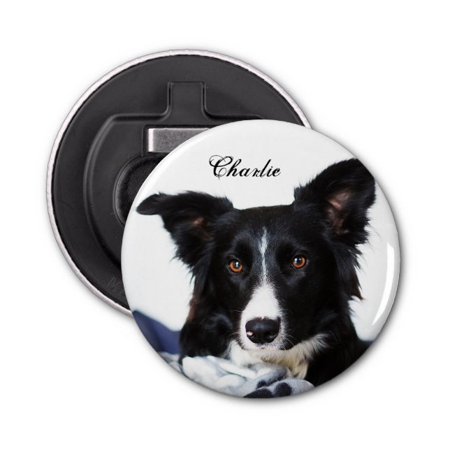 Personalisierte Schwarz-Weiß-Border-Collie Flaschenöffner (Vorderseite)