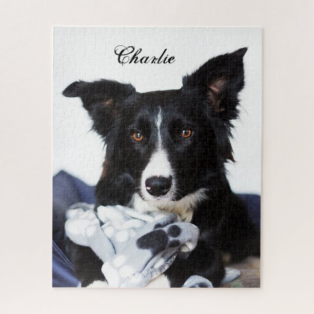 Personalisierte Schwarz-Weiß-Border-Collie Puzzle (Vertikal)