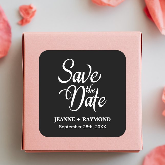 Personalisierte Schwarz-Weiß-Hochzeit speichert da Quadratischer Aufkleber (Von Creator hochgeladen)