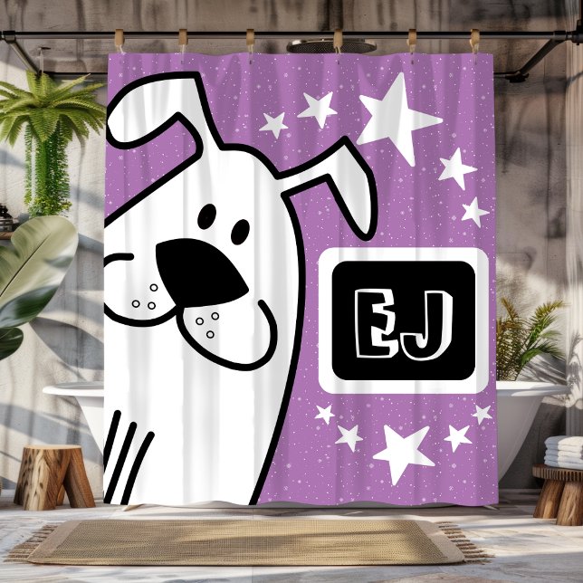 Personalisierte Schwarz-Weiß-Hunde Duschvorhang (Personalized Initials Black and White Dog Shower Curtain)