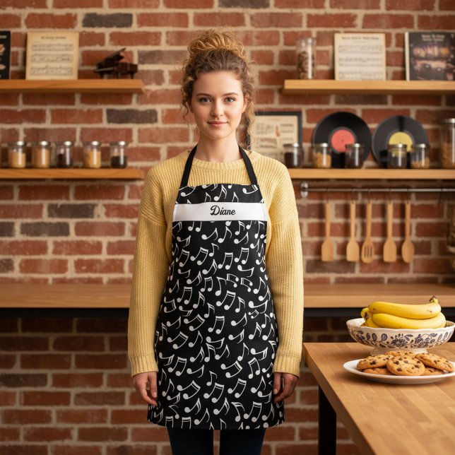 Personalisierte Schwarz-Weiß-Musik Schürze (Personalized musical notes kitchen apron with custom name. Awesome gift for a music lover and baker.)