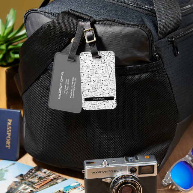 Personalisierte Schwarz-Weiß-Paws & Whiskys Gepäckanhänger (Vorderseite & Rückseite)