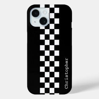 Personalisierte Schwarz-Weiß-Racing-Karo iPhone 15 Hülle