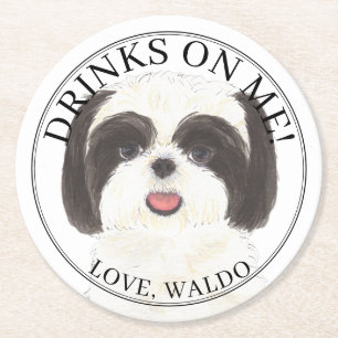 Personalisierte Schwarz-Weiß-Shih-Tzu-Hochzeit Runder Pappuntersetzer