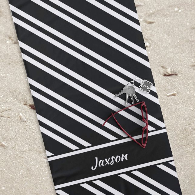 Personalisierte Schwarz-Weiß-Streifen Strandtuch (Personalized Black & White Striped Beach Towel)
